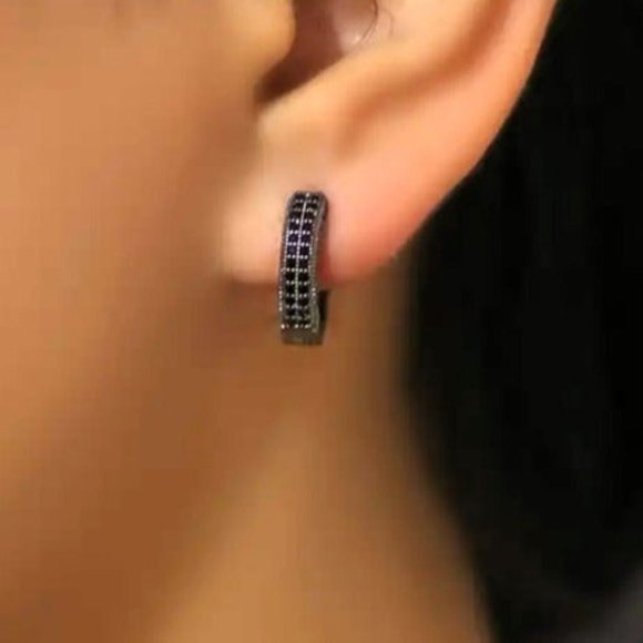 Mens 2ct Black Diamond Round Hoop Earrings Guys Rhodium Silver Jewelry Studs ct - Picture 4 of 9